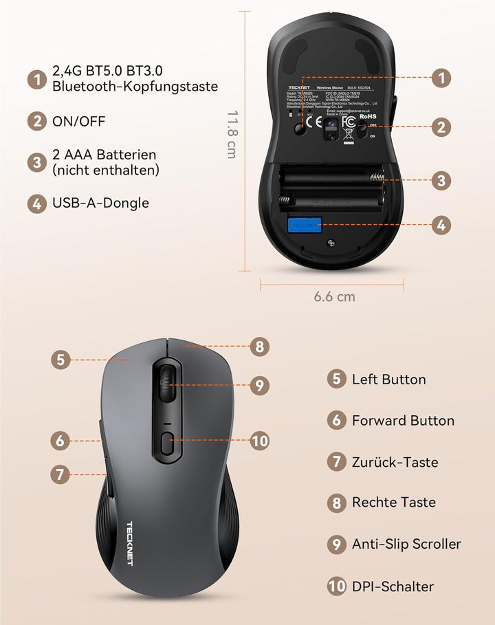 TECKNET Maus Kabellos, Bluetooth Maus (Tri-Modus: BT 5.0/3.0+2.4G) Funkmaus mit USB-A Empfänger, 480