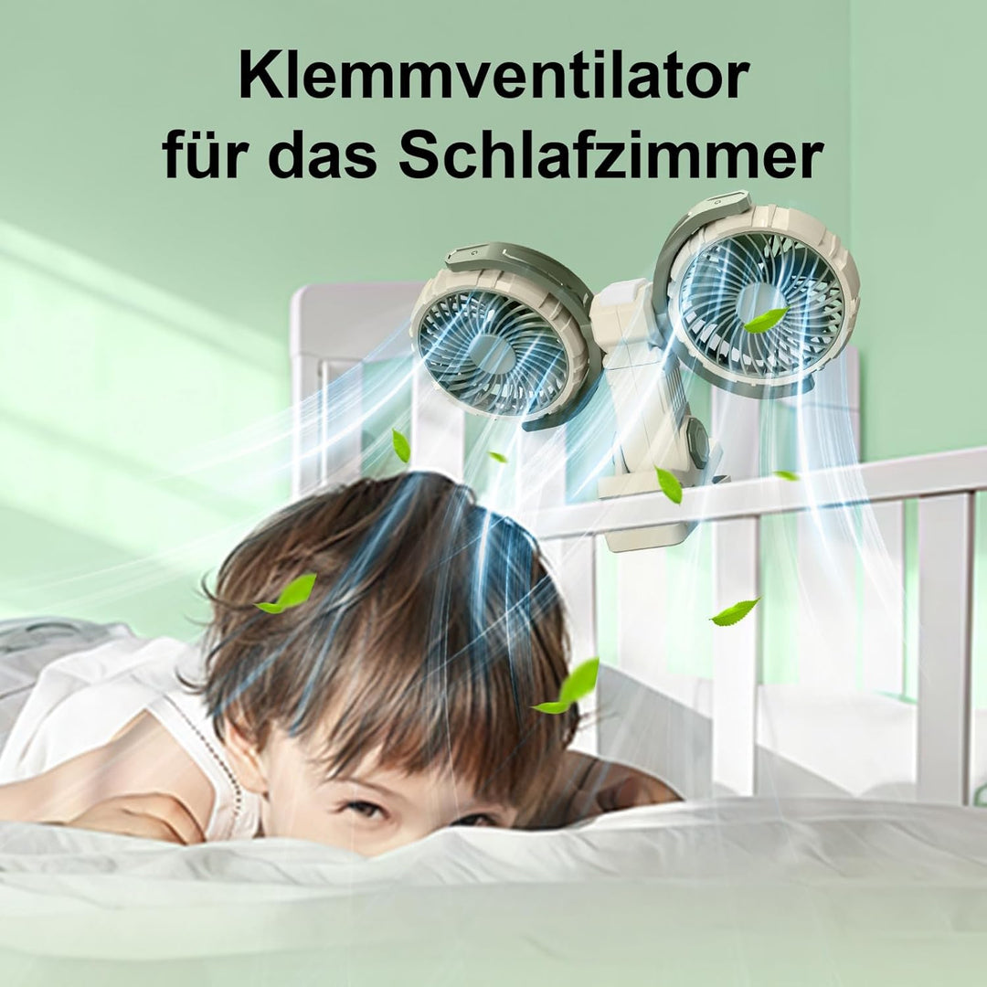 Clip Ventilator Akku mit Licht, USB C Aufladbar Leise Fan Doppelkopf Wandventilator,Stark Lufter Kle