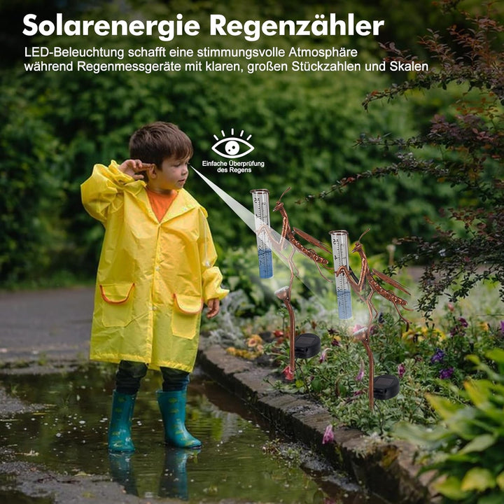 Solar Regenmesser für Garten mit Erdspiess und LED, Niederschlagsmesser Frostsicher Glas für Rasen,