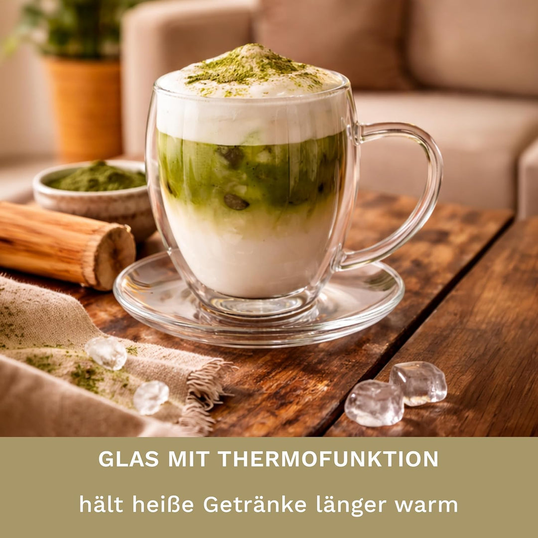 Creano 6 doppelwandige 250 ml Glas-Thermotassen mit Untersetzer, Glas-Teetasse/Kaffeetasse mit Schwe