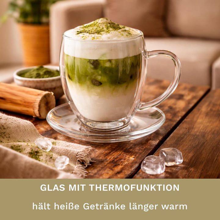 Creano 6 doppelwandige 250 ml Glas-Thermotassen mit Untersetzer, Glas-Teetasse/Kaffeetasse mit Schwe