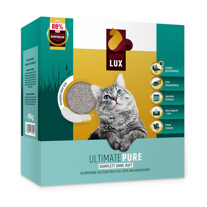 klumpende Katzenstreu Ultimate Pure 10kg ohne Duft für Sensible Katzen, Klumpstreu 100% Naturbentoni