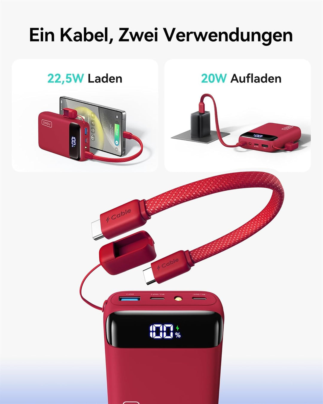 INIU Power Bank, Ultra Klein 20000mAh 22.5W Schnellladefunktion Power Bank, USB-C In&Out Externe Han