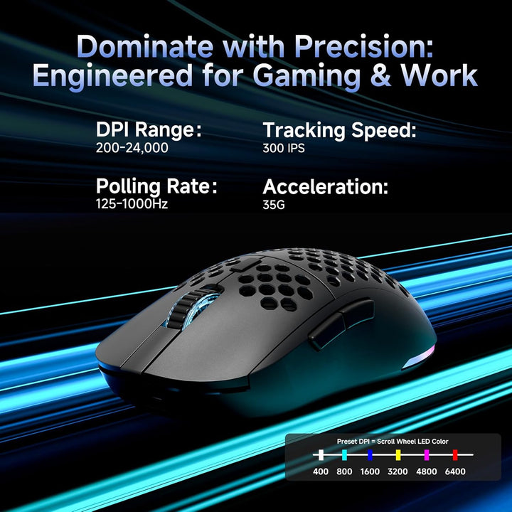 Dierya M1 Kabellose Gaming Maus, 24.000 DPI Optischer Sensor, 90g Leichtgewicht, 6 Programmierbare T