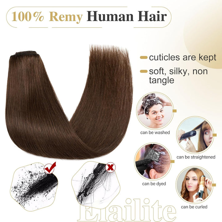 Elailite Extensions Echthaar Clip in 8 Tressen Glatt #4 Mittel braun, Haarverlängerung Real Human Ha