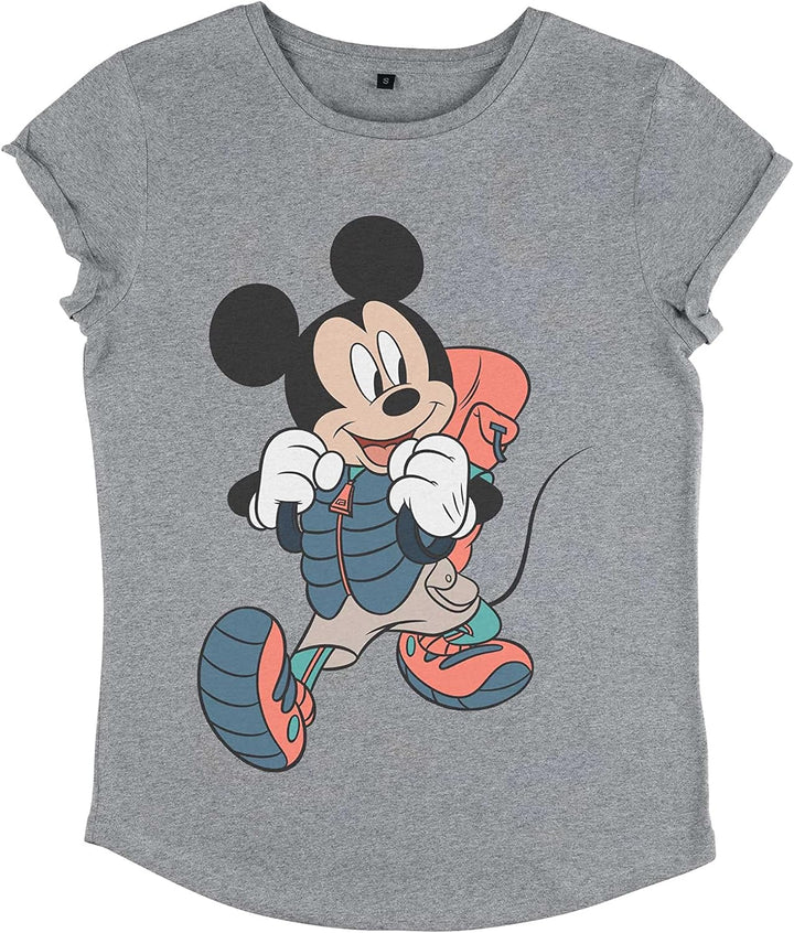 Disney Damen Classic-Hiker Mickey Women's Organic Rolled Sleeve T-Shirt M Melange Grey, M Melange Gr