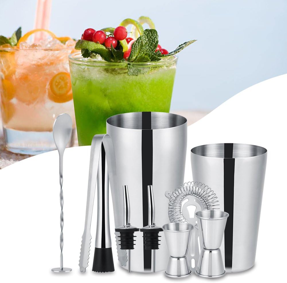 Cocktail-Shaker aus Edelstahl, Eiszange, Rührlöffel, Barzubehör, Barkeeper-Set, 10 Stück