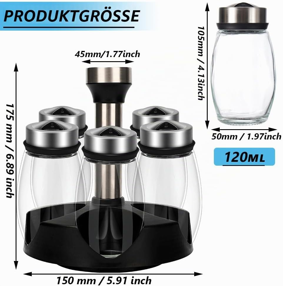 Aiareozy 6 Stück Gewürzgläser mit Streueinsatz, Gewürzstreuer Glas, Gewürzkarussell Drehbar, Gewürzr