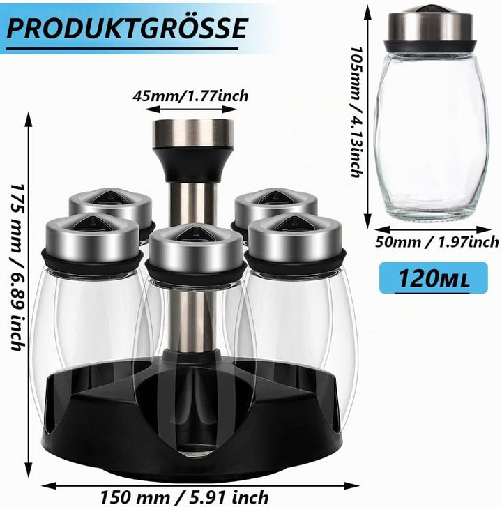 Aiareozy 6 Stück Gewürzgläser mit Streueinsatz, Gewürzstreuer Glas, Gewürzkarussell Drehbar, Gewürzr