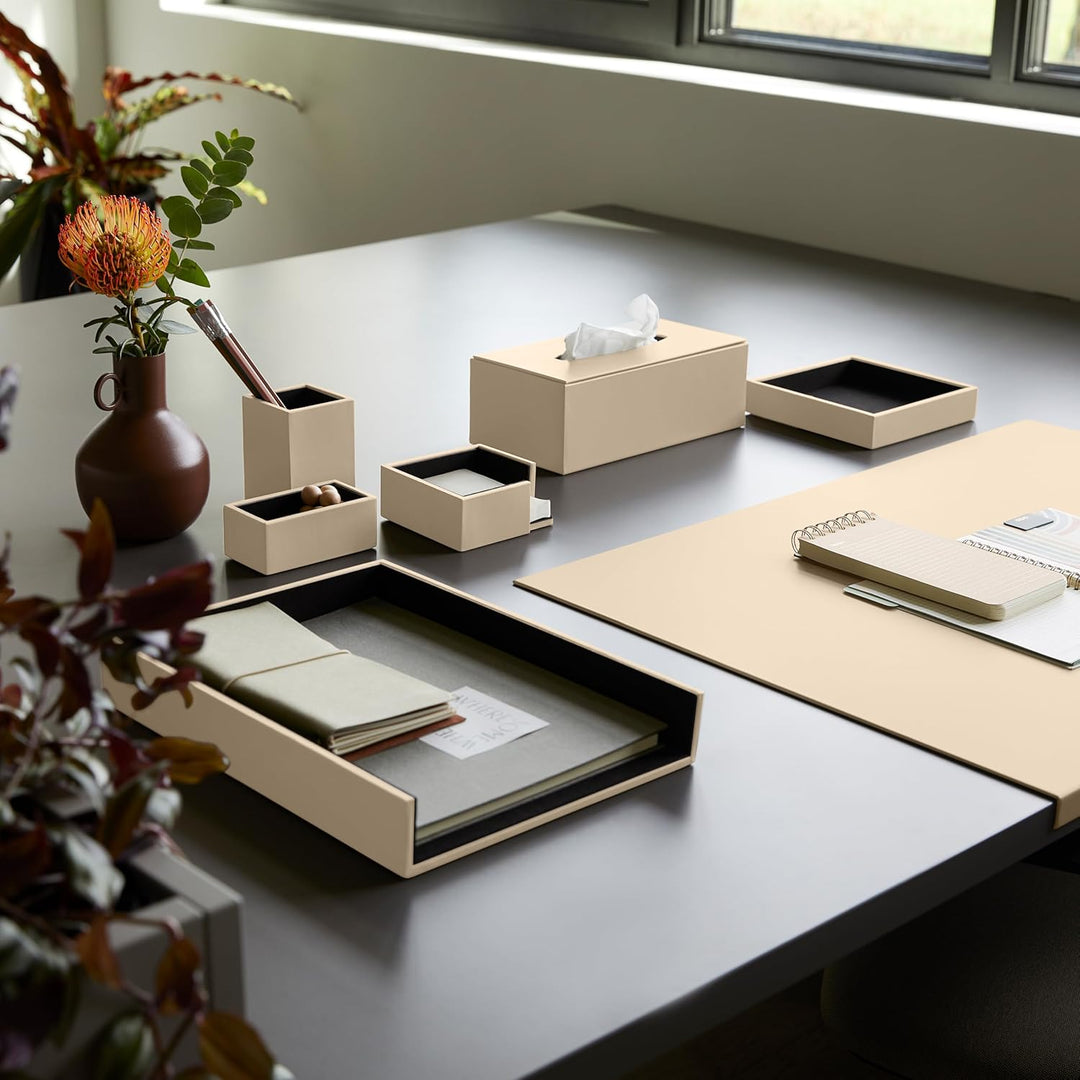 Eglooh - Minerva - Notizzettel Box Leder Beige - Zettelbox, Notizklotz, Zettelkasten für Schreibtisc