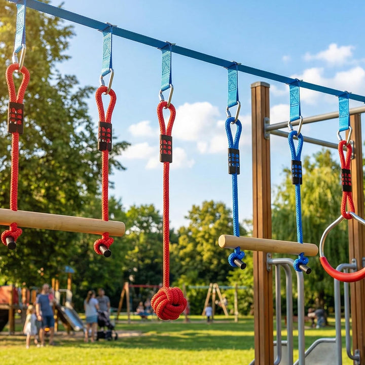 AIYAPLAY Ninja Line Kinder 10m 9-teilig Slackline Set mit 2 Turnringe, 3-in-1 Schaukel, 2 Klettersta