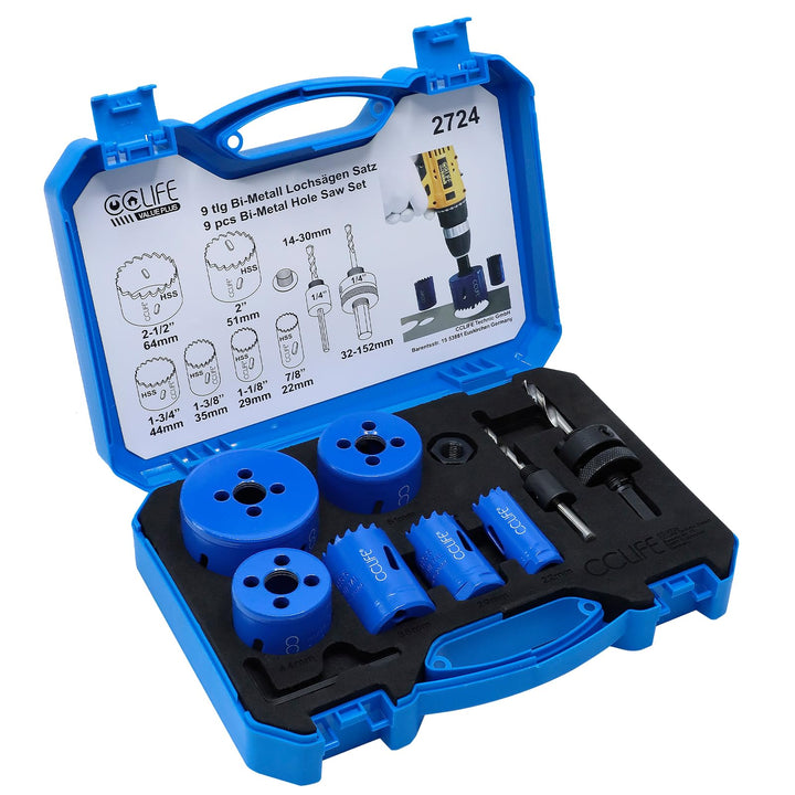 CCLIFE Lochsäge Set Bi-Metall, 8tlg Bimetall M3 HSS-CO Lochbohrer Ø22-64mm | Schnitttiefe 38mm | zum