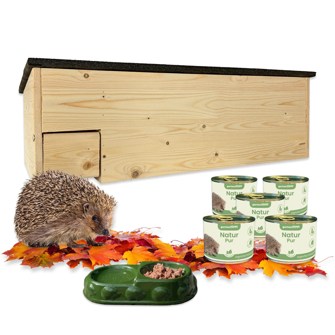 GARTENETAGE Igel-Fütterungsset XXL mit Igelhaus &amp; Rattenklappe – Sicheres Igelhaus für Garten, wette