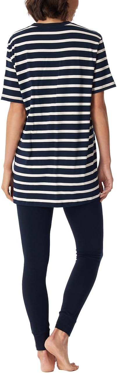 Schiesser Damen Schlafanzug kurzarm und lange Hose Baumwolle - Essential Pyjamaset, Dunkelblau