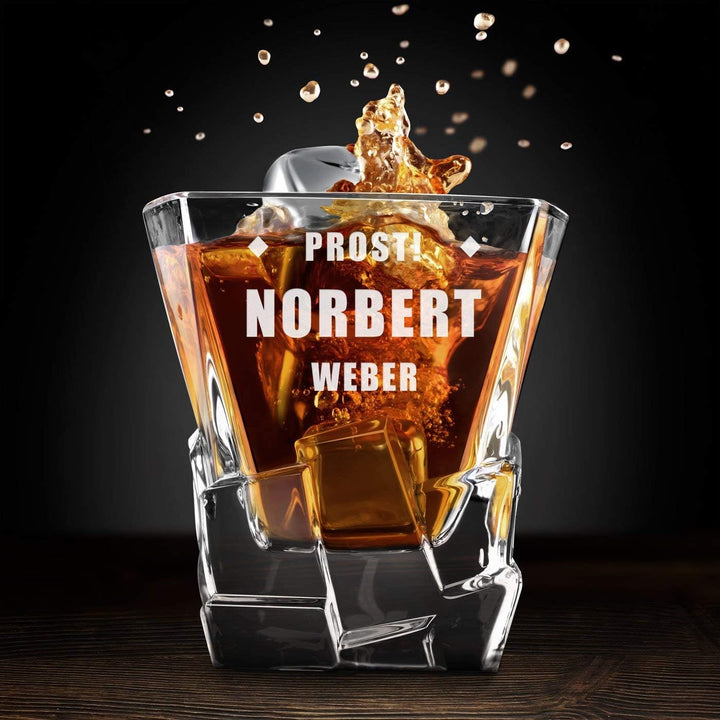 Maverton Whisky Steine Set - in Holzbox mit Gravur - 8 Eiswürfel + 2 Whisky Gläser - wiederverwendba