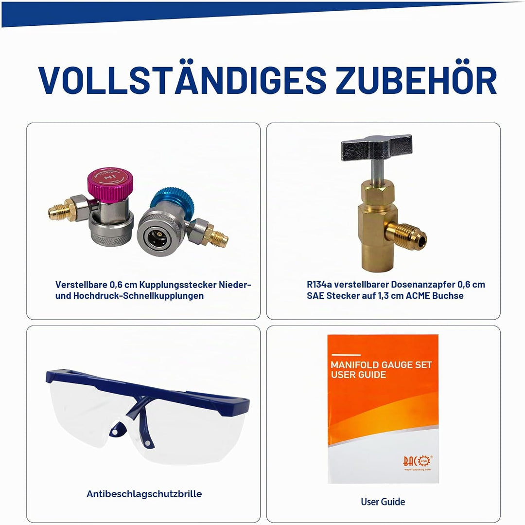 BACOENG Klimaanlage Split Monteurhilfe Kfz R134A R410A R407C R22 mit Schlauchset Schnellkupplung Man
