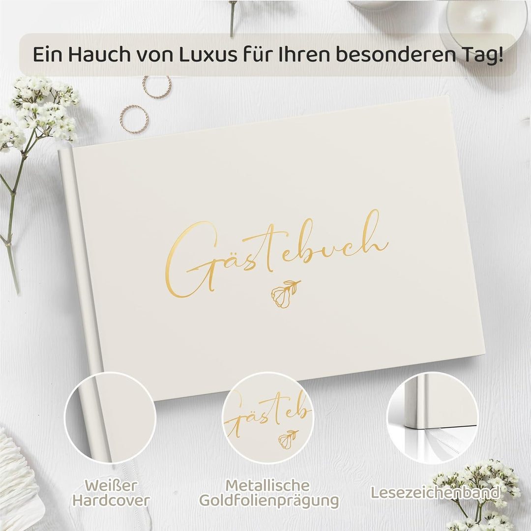 Hyggartn Hochzeitsgästebuch – Hardcover Gästebuch mit Goldprägung, 100 Seiten Blanko + 4 Hochzeitsst