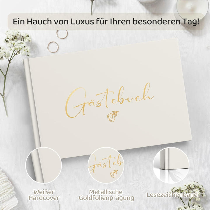 Hyggartn Hochzeitsgästebuch – Hardcover Gästebuch mit Goldprägung, 100 Seiten Blanko + 4 Hochzeitsst