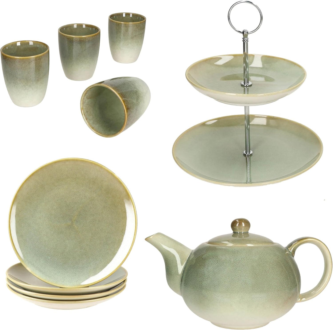 MamboCat 10tlg Teeset Scones Grün I 1x Etagere 2-stöckig, 1x Teekanne, 4X Becher & 4X Teller aus Ste