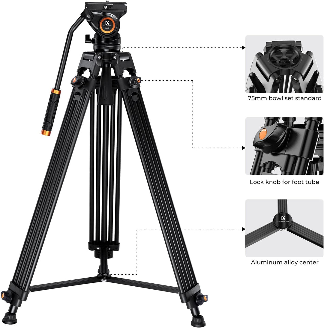 K&F Concept Video Stativ System mit 360° Fluidkopf, Heavy Duty Tripod, Alu Stativ 184cm für Kameras