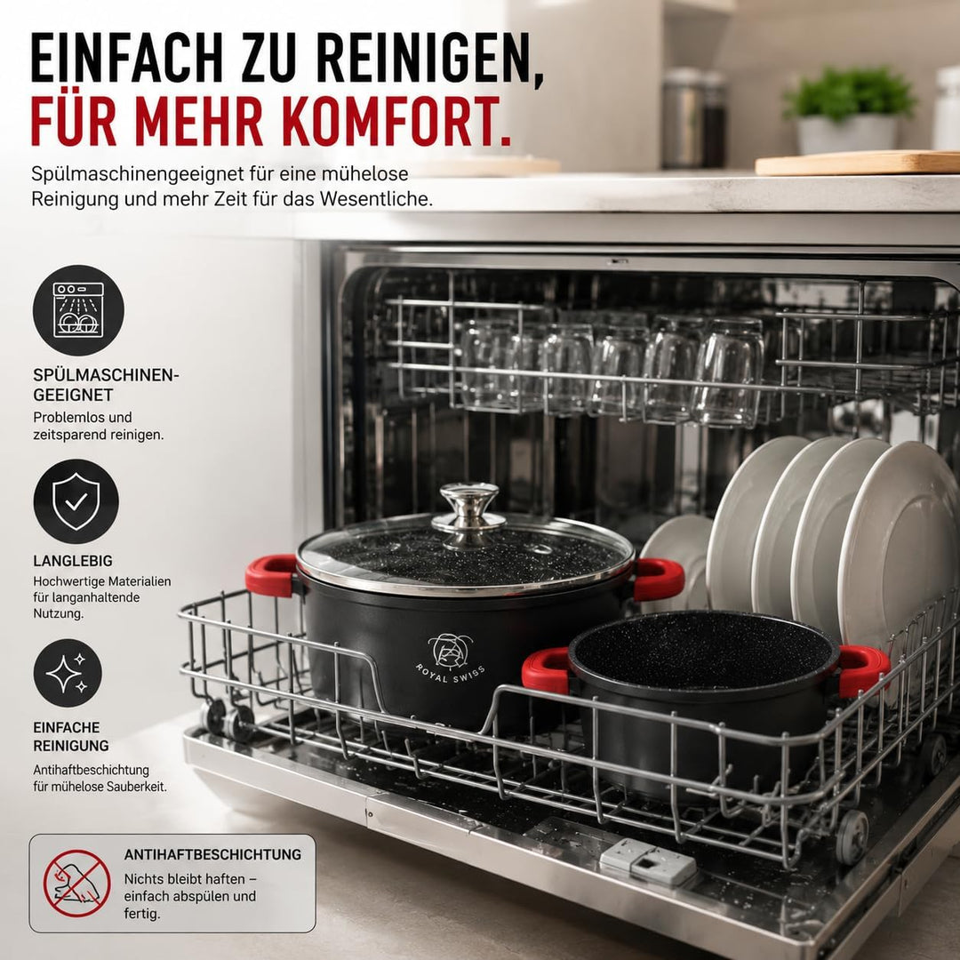 Royal Swiss Kochtopf, Schwarz, 2 l, Marmorbeschichtung, Glasdeckel, geeignet für Induktion & Ofen, A