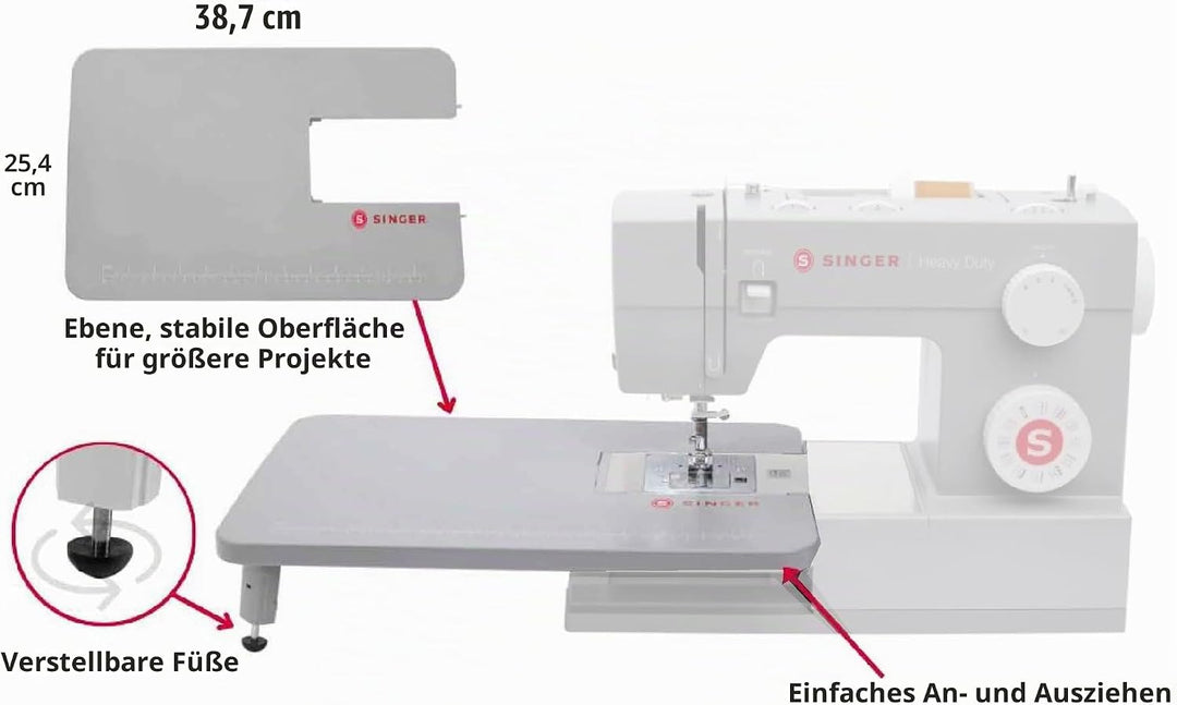 SINGER 4411, 4423, 4432 und 4452 mechanische Schwerlast-Nähmaschinen Ausziehtisch, GRAU