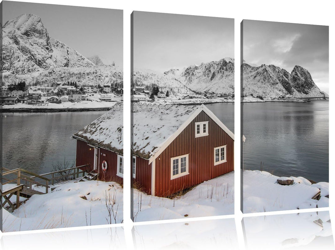 Pixxprint Fischerhaus an den Lofoten Inseln B&W Detail 3-Teiler Leinwandbild 120x80 Bild auf Leinwan