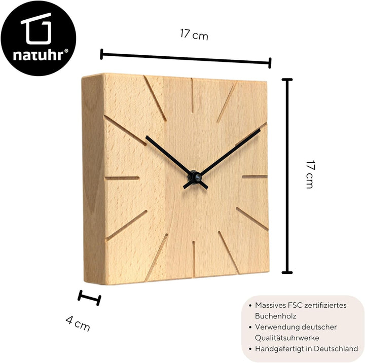 Natuhr Wanduhr Tischuhr Buche Holz - Beam - geräuscharm Massivholz Design 17 x 17 cm (Buche geölt Sc