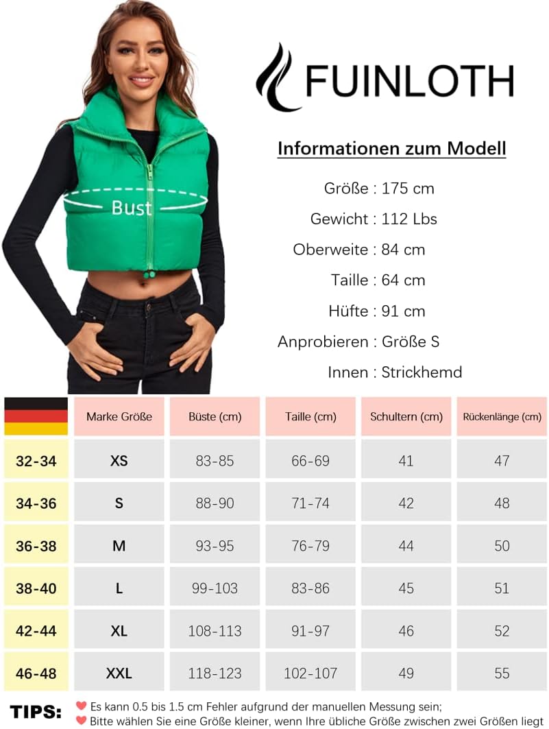 fuinloth Damen Weste Kurz Stehkragen Steppweste Warm Winter Crop Puffer Weste mit Reissverschluss Är