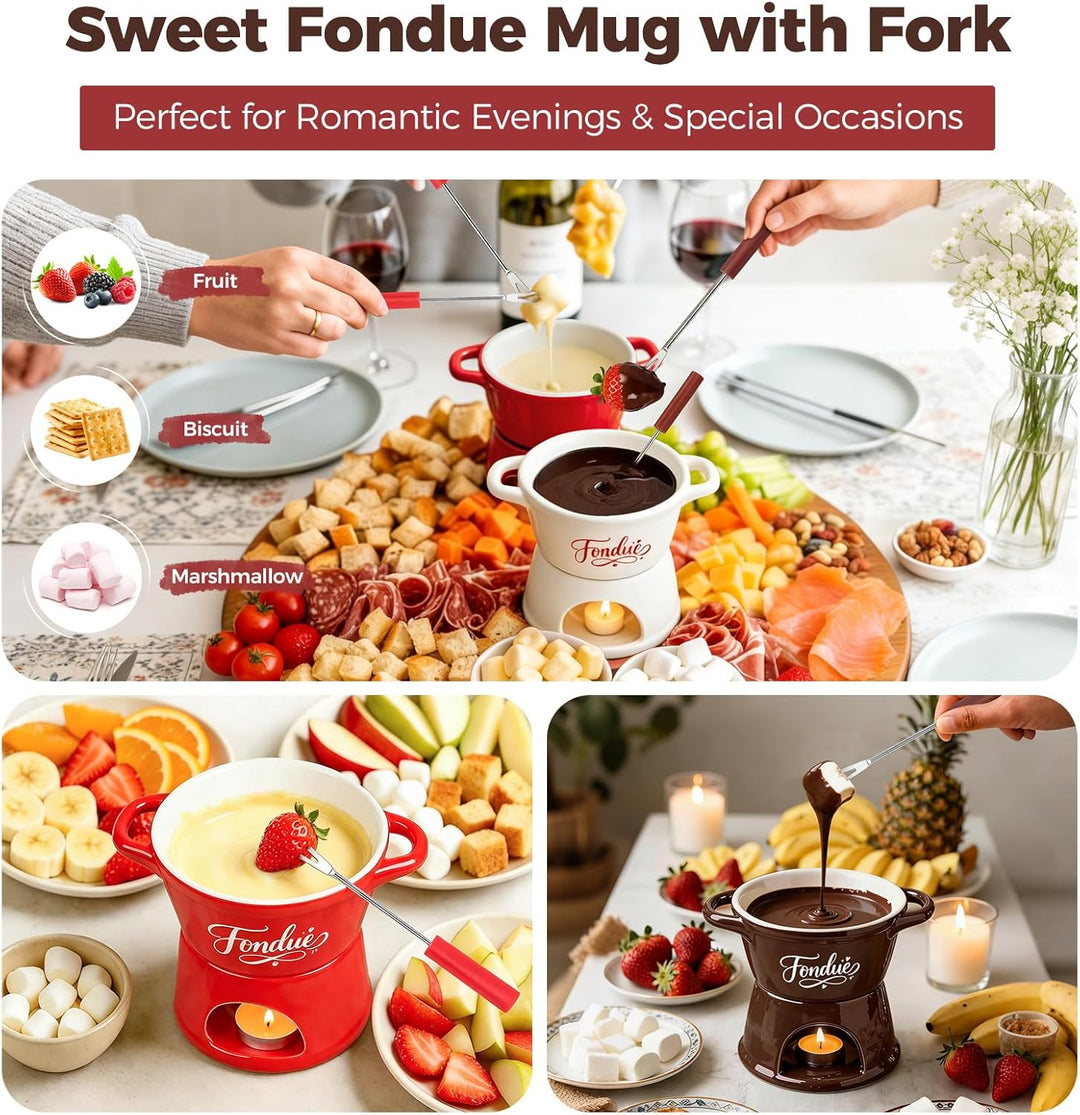 Yoassi Keramik Käsefondue Set, Mini Schokoladenfondue Tasse, Käsebecher mit 4 Gabeln, zum Schmelzen
