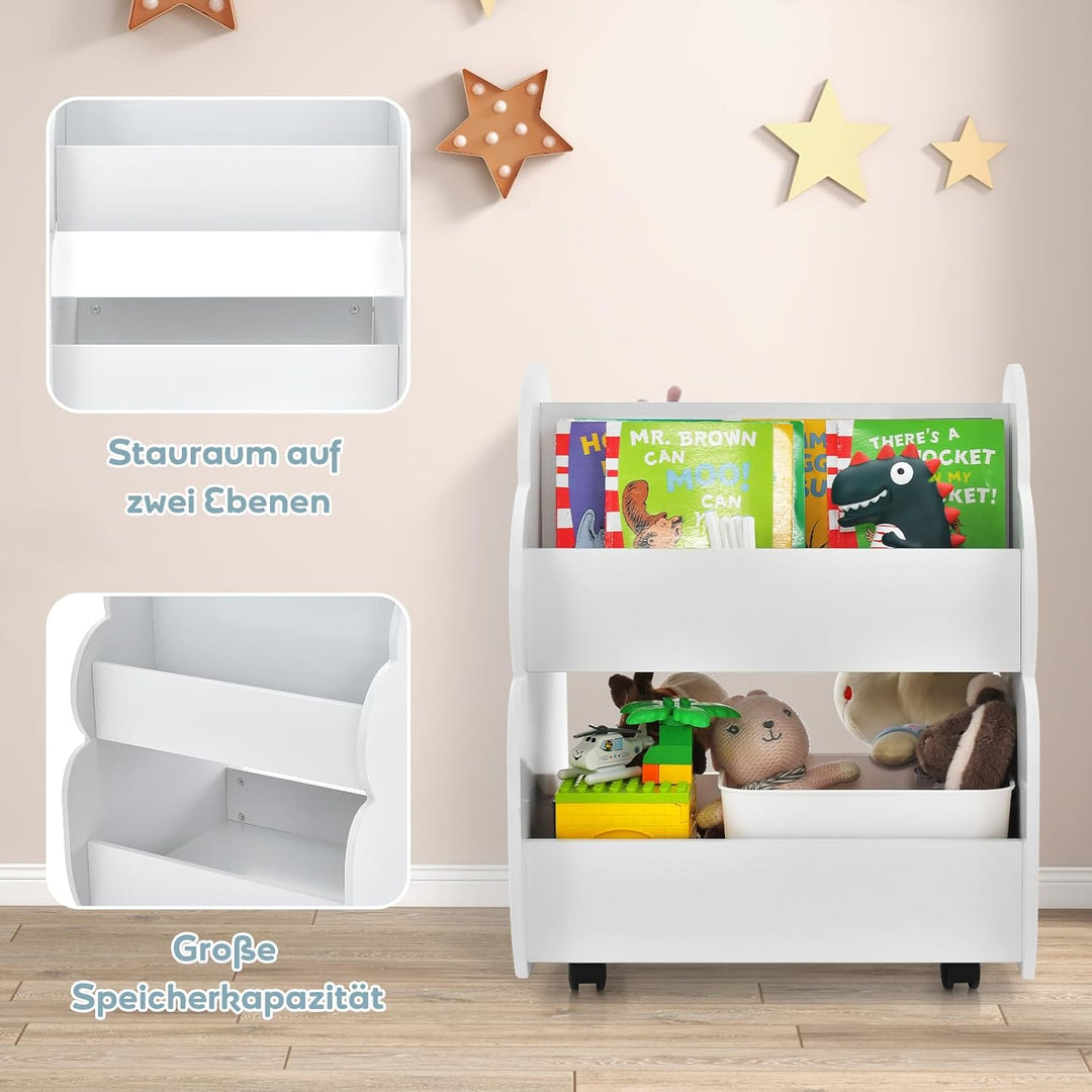 COSTWAY Kinder Bücherregal auf Rollen, 2 Ebenen Spielzeugregal aus Holz, 52 x 47 x 63,5 cm (Weiss),