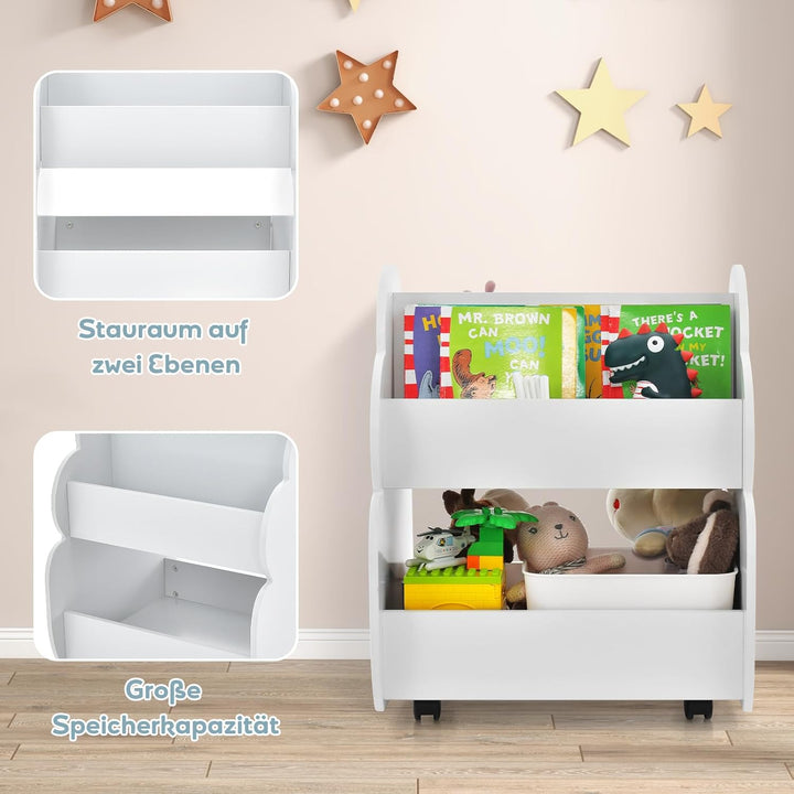 COSTWAY Kinder Bücherregal auf Rollen, 2 Ebenen Spielzeugregal aus Holz, 52 x 47 x 63,5 cm (Weiss),