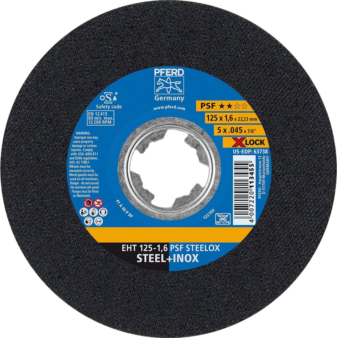 PFERD Trennscheibe, 25 Stück, 125 x 1,6mm, gerade, X-LOCK (22,23 mm), PSF STEELOX, 61721124 - für sc