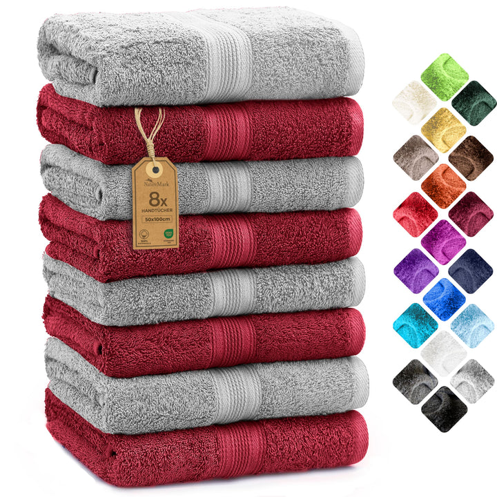 NatureMark NM-HT0842 Frottier Handtücher, 8-er Pack, 50 x 100 cm, 100% Baumwolle (Silber/Bordeaux),