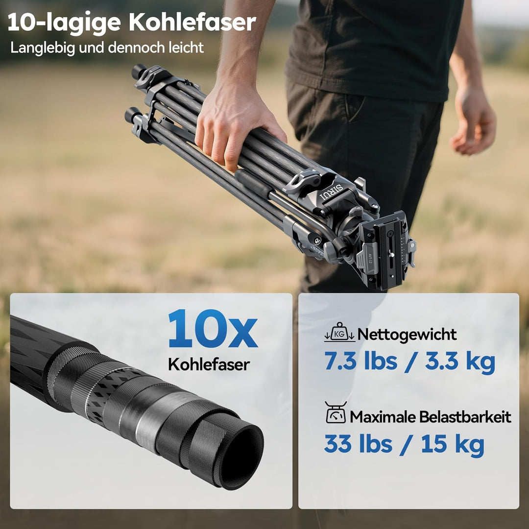 SIRUI AVT-12 Carbon Profi-Videostativ 185cm mit Flüssigkopf, Schnellwechselplatte, 15kg Tragkraft un