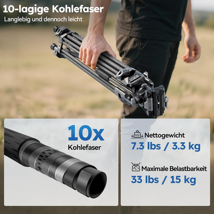 SIRUI AVT-12 Carbon Profi-Videostativ 185cm mit Flüssigkopf, Schnellwechselplatte, 15kg Tragkraft un