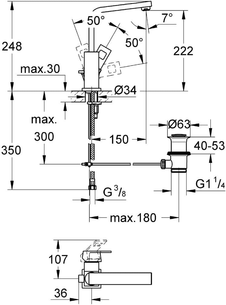 GROHE Eurocube - Einhand- Waschtischarmatur (wassersparend, hoher Auslauf, mit Zugstange), chrom, 23