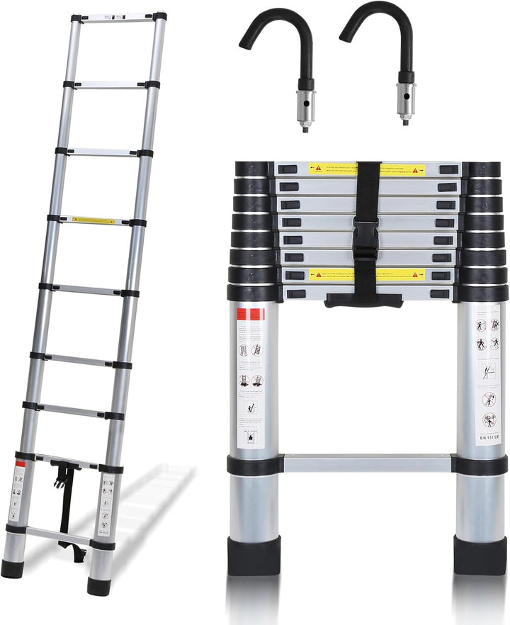 Herrselsam 2.6M Aluminium Teleskopleiter, Ausziehbare Leiter mit 2 Abnehmbarem Haken, Multifunktions