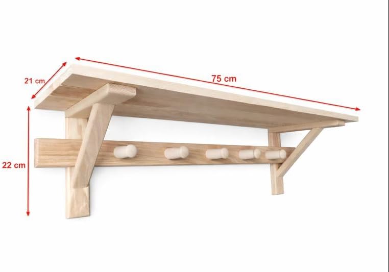 Sauna Wandregal aus Holz 75 cm mit 5 Haken – Badregal mit Ablage für Sauna, Bad & Banja