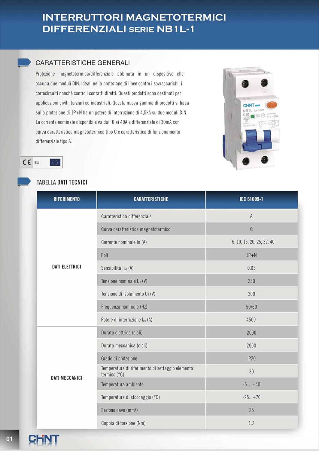 Interruttore Magnetotermico Differenziale 1P+N 6A 4.5kA 30mA 2M Chint 203332 NB1L1 Typ A 230Vac-6A-3