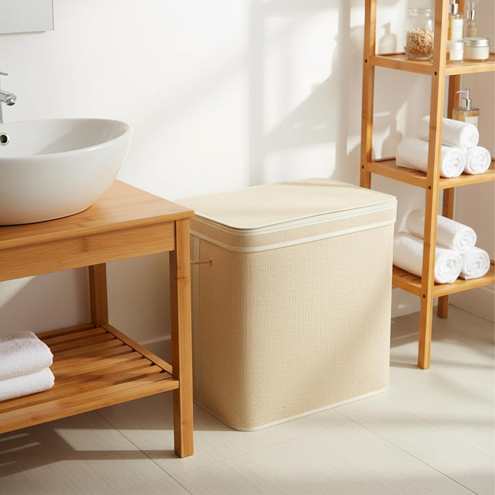 Relaxdays Wäschekorb mit Deckel, Bambus, 90 l, Faltbare Wäschebox, HxBxT: 61 x 49 x 33 cm, Badezimme