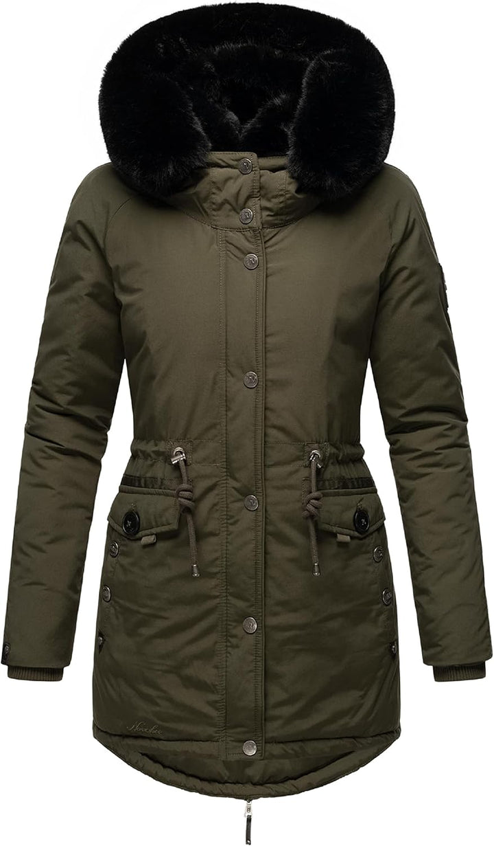 Navahoo Damen Warmer Winterparka mit doppelter Kunstpelz-Kapuze Sweety Deluxe XS-XXL XS Dark Olive,