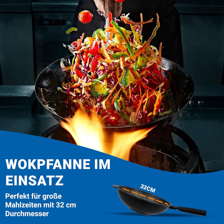 PENTOLPRESS Granit Wokpfanne mit Deckel (32 cm) – Wokpfanne für Induktion – Super kratzfeste Wokpfan
