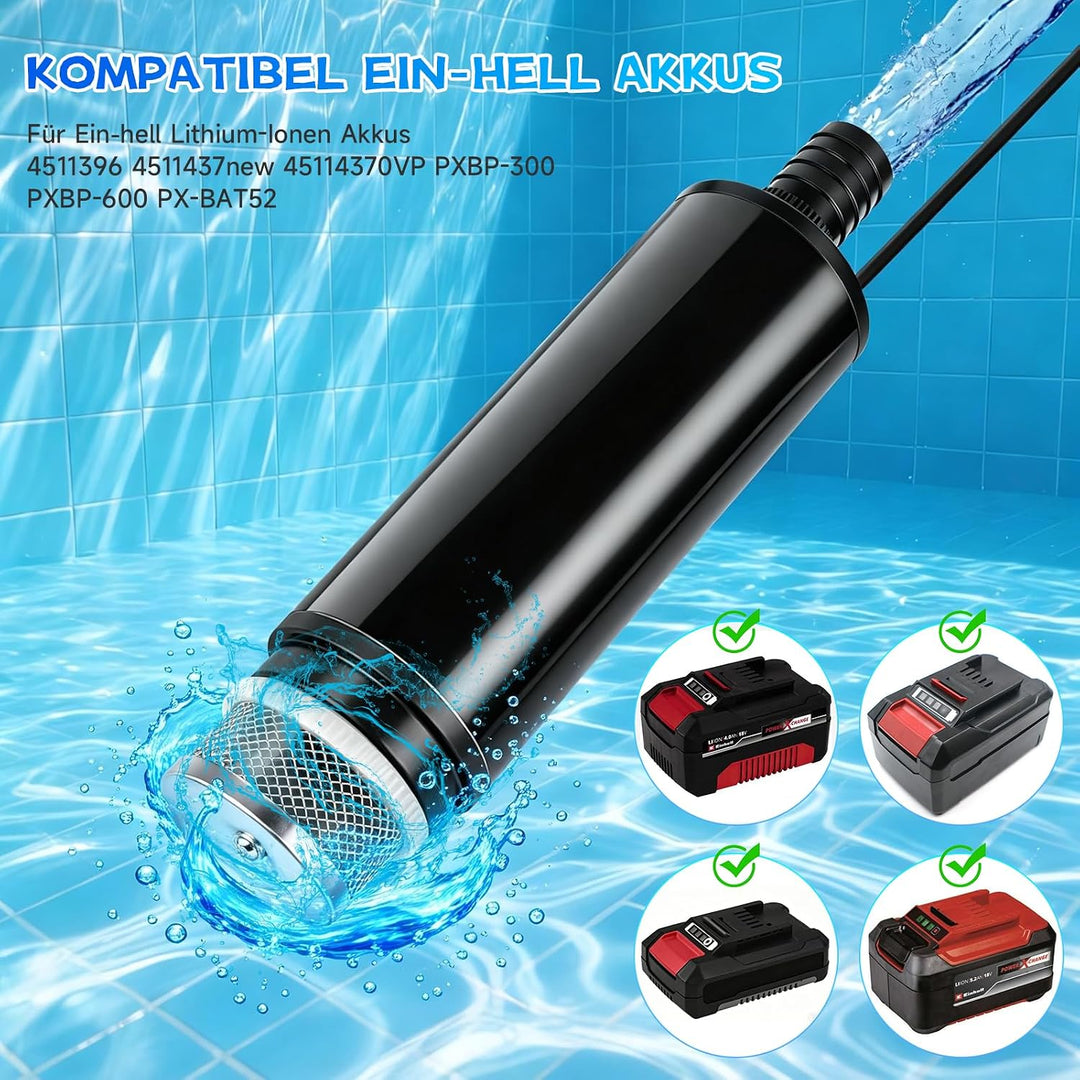 Akku Wasserpumpe kompatibel mit Einhell 18V, 30 L/min, Leise Gartenpumpe, Tauchpumpe Klein für Regen