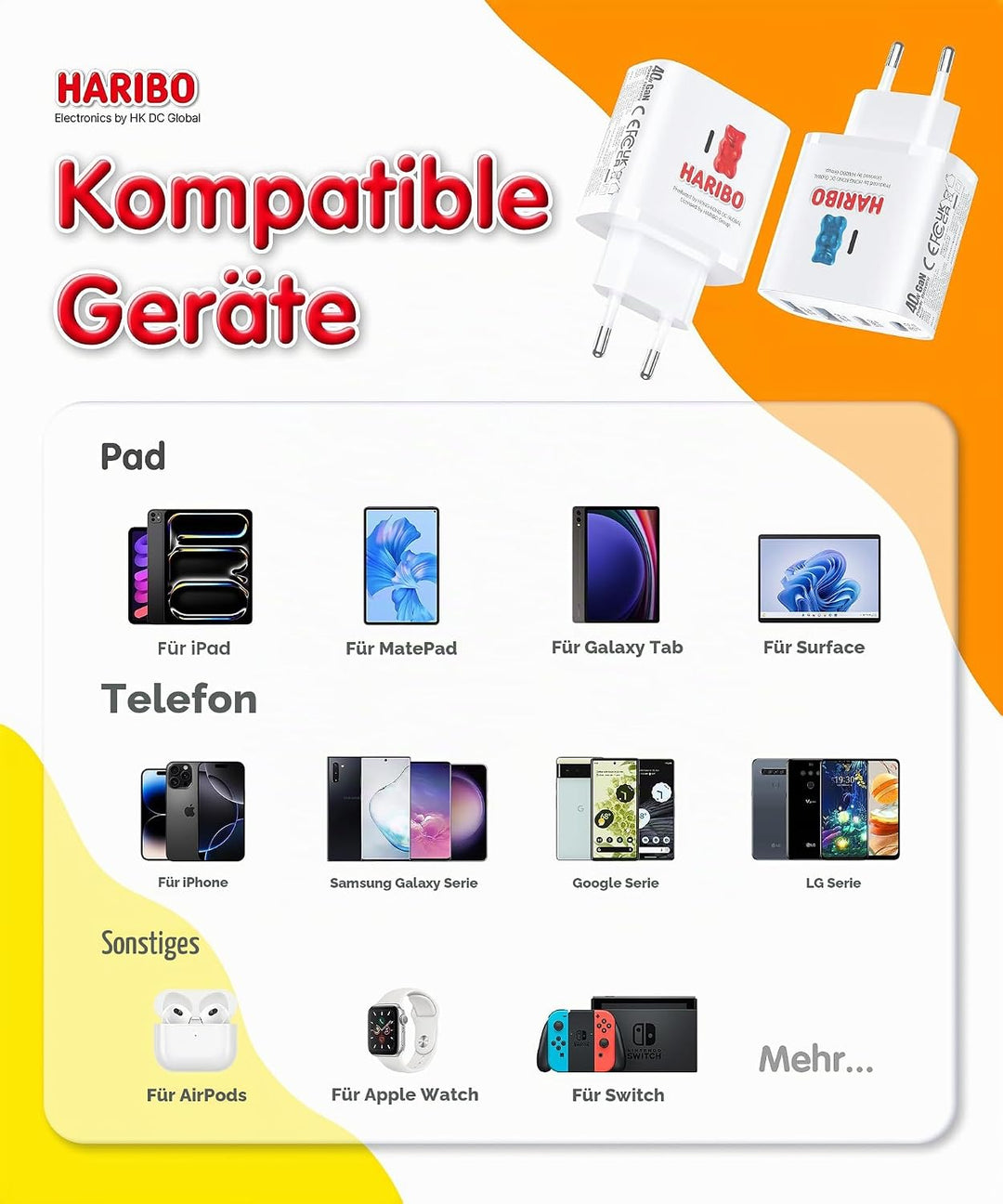 HARIBO 2er USB C Ladegerät 4-Port 40W Schnellladegerät,PD 3.0 Mehrfach Netzteil für iPhone 16/15/14