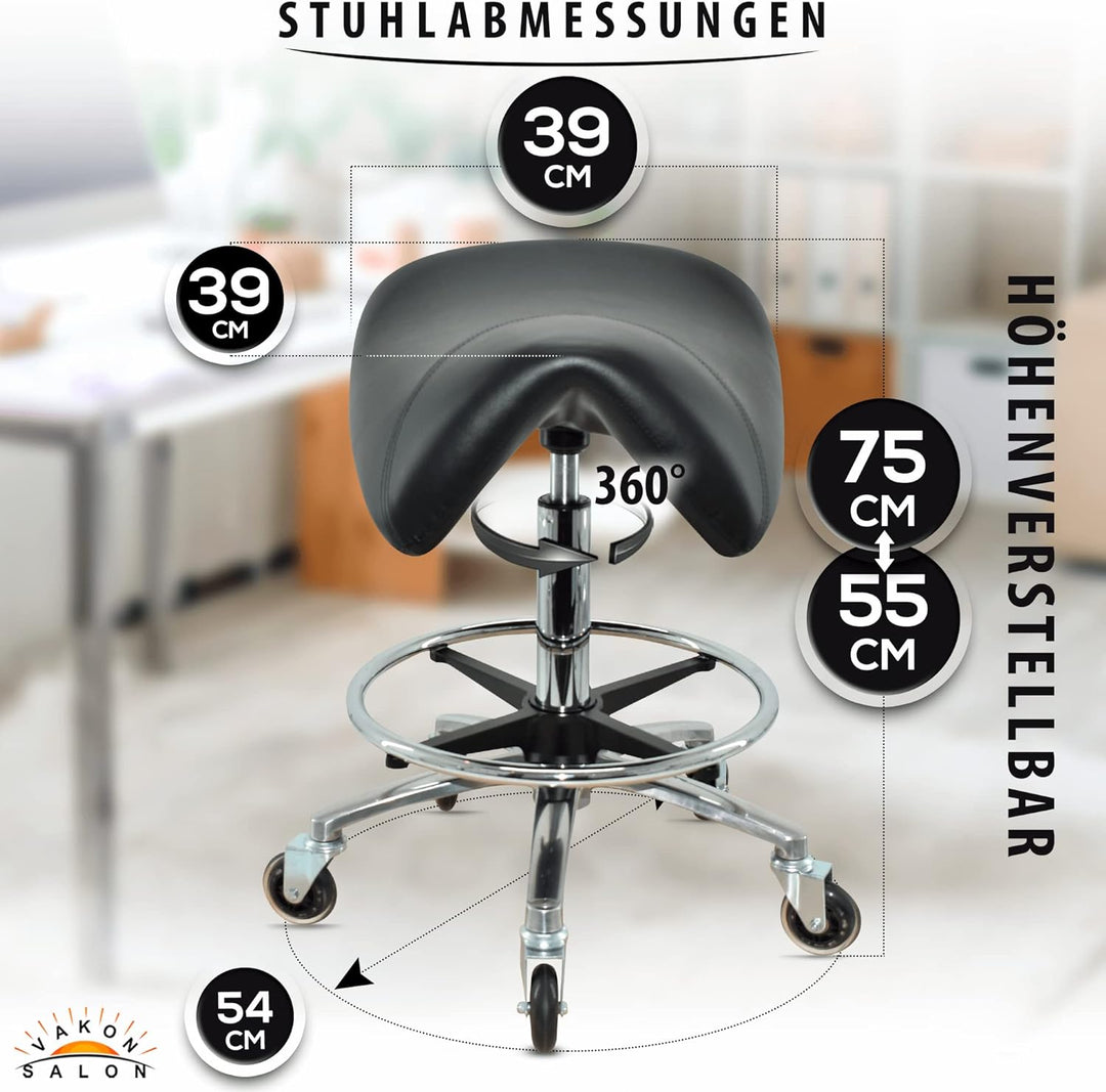 Premium Sattelhocker, Sattelstuhl für Rückenentlastung, Rollhocker höhenverstellbar von 55-75 cm mit