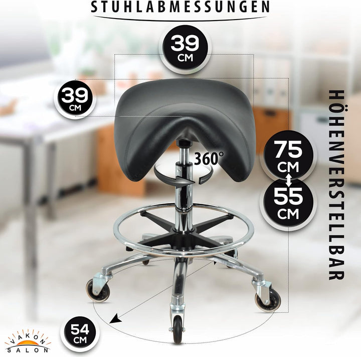 Premium Sattelhocker, Sattelstuhl für Rückenentlastung, Rollhocker höhenverstellbar von 55-75 cm mit