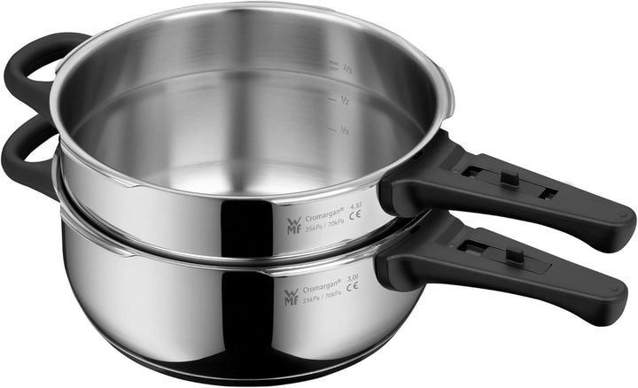 WMF Perfect Schnellkochtopf Set Induktion 3-teilig, Dampfkochtopf 4,5l + 3l mit Einsatz, grosses Koc
