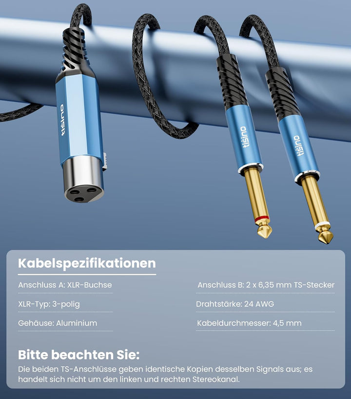 Tisino XLR-Buchse auf Doppelte 6,35mm-TS-Klinkenbuchsen Splitterkabel（3m, XLR-Buchse auf 6,35mm-Mono