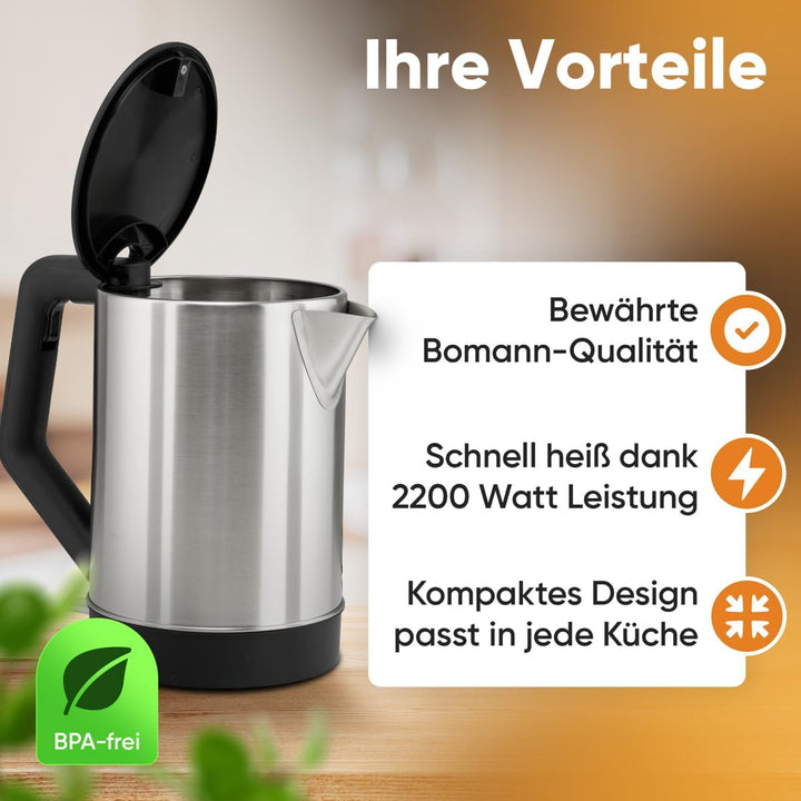 Bomann WKS 3002 CB Wasserkocher 1,5 L, verdecktes Edelstahlheizelement, automatische Abschaltung, Ba